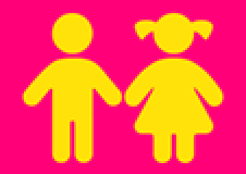 Zwei gelbe, stilisierte Personen (männlich, weiblich)auf magenta Hintergrund