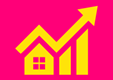 gelber Pfeil von links unten nach rechts oben über Haus auf magenta Hintergrund